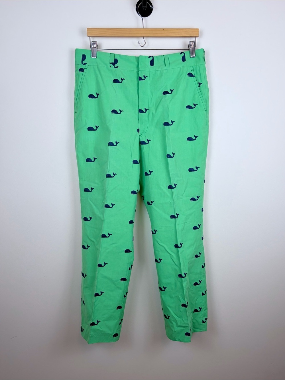 Vintage Flat Front Kelly Green Critter Pants Embroidered Whale Pattern
